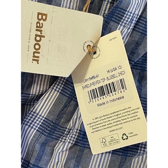 Barbour Renfew Cotton V-neck Top Bluebell Blue and White Check Size 12 NWT - Picture 5 of 6